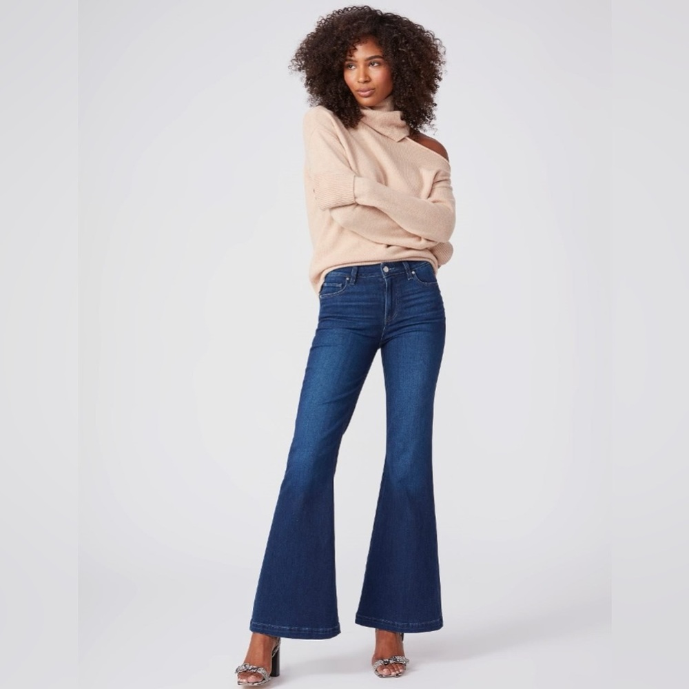 PAIGE Genevieve midwash denim blue stretchy flare jeans